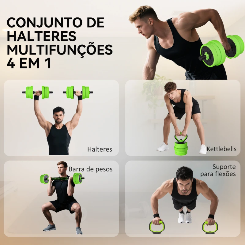 SPORTNOW Conjunto de Halteres 20kg 4 em 1 Conjunto de Pesos com Kettlebell Barra de Pesos para Treino de Força em Casa Ginásio Verde