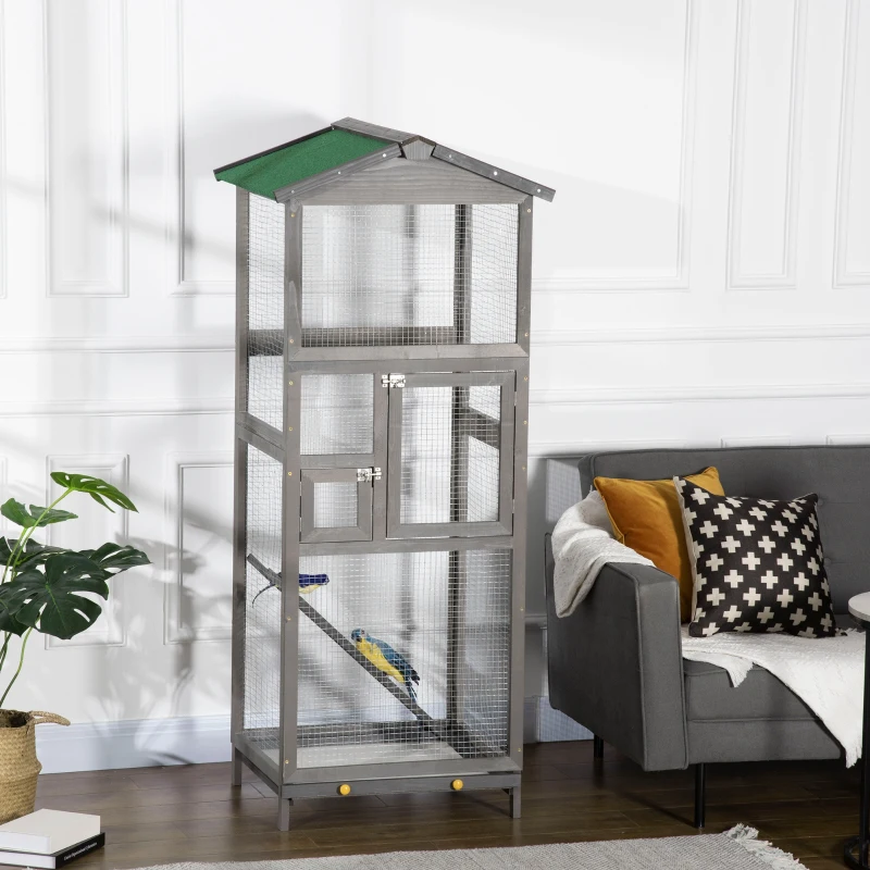 PawHut Cage à oiseaux volière en bois massif grande taille 2 portes toit asphalte tiroir amovible 68 x 63 x 165 cm gris