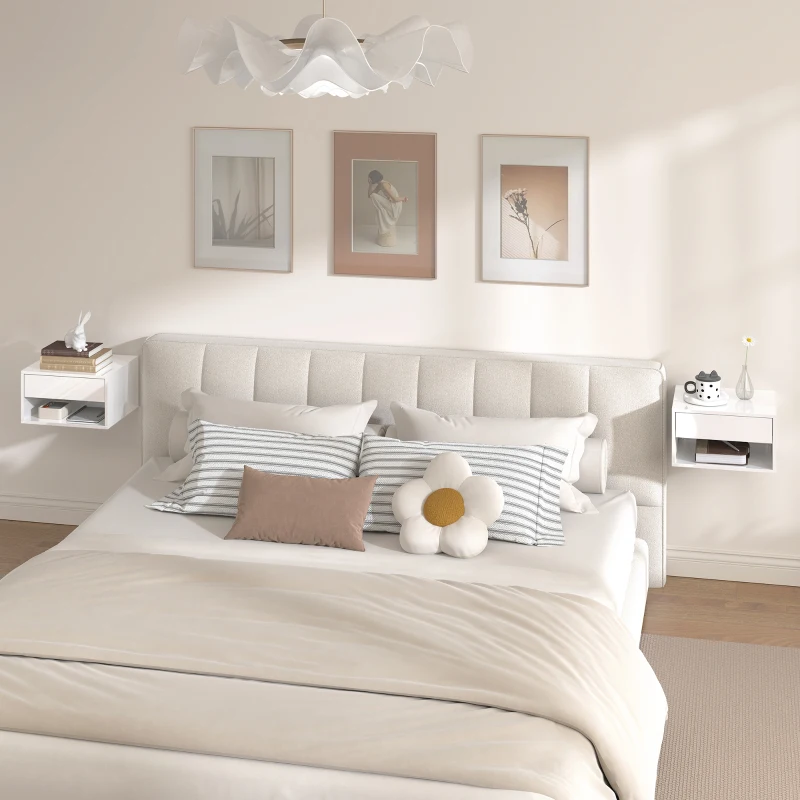 HOMCOM Conjunto de Mesas de Cabeceira Suspensas com Gaveta e Prateleira Aberta 37x32x21 cm Branco Brilhante