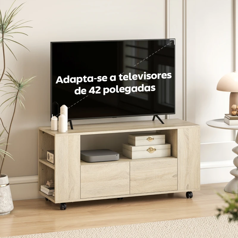 HOMCOM Móvel de TV com Rodas para Televisão até 42 Polegadas com 2 Gavetas Prateleiras Ajustáveis 102x34,5x48,5 cm Madeira