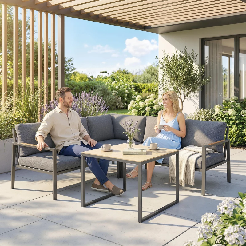 Outsunny Salón de Jardín Exterior 3 Piezas 5 Personas, 2 Sofás con Cojines Gruesos, 1 Mesa Baja, 183x183x72cm, Gris Oscuro