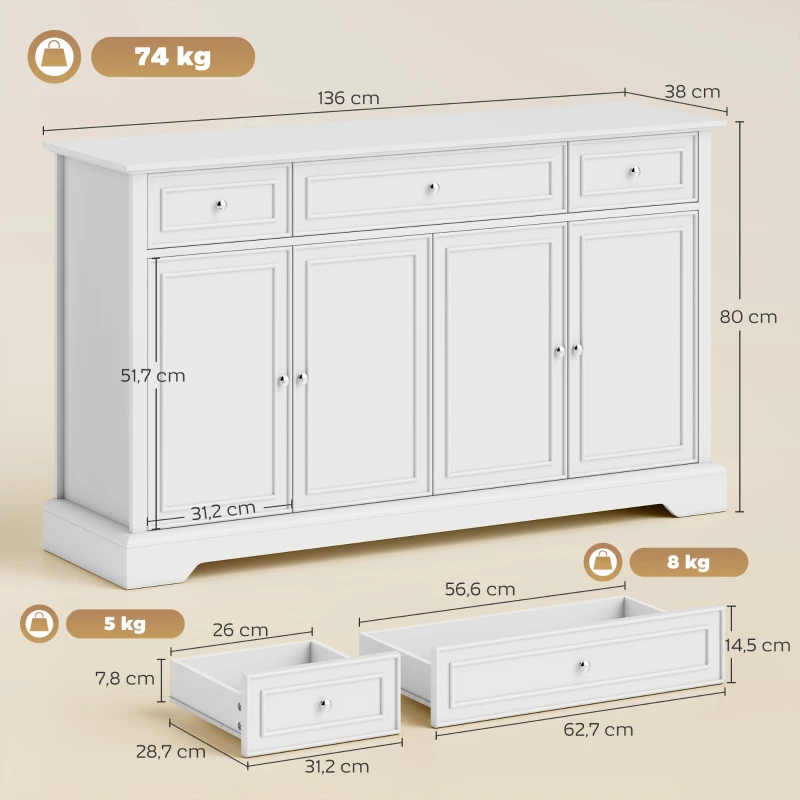 HOMCOM Aparador de salón, mueble de almacenamiento con 3 cajones, 4 puertas con cierre suave y estantes regulables, blanco