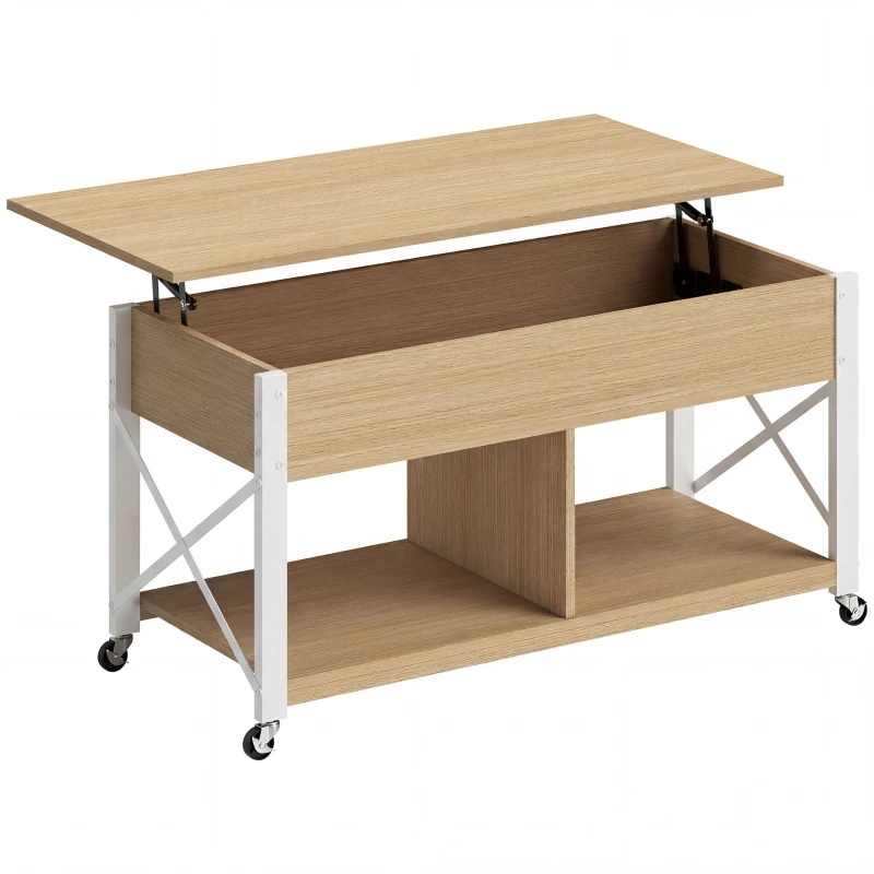 HOMCOM Mesa de Centro Elevatória com Rodas Compartimento Oculto e Prateleiras Abertas 105x50x67 cm Madeira e Branco