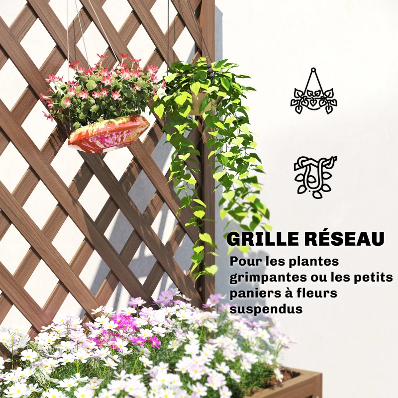 Outsunny Jardinière avec treillis, bac à fleurs, pour plantes grimpantes, légumes, fleurs, en bois massif, 70x28x117cm café foncé