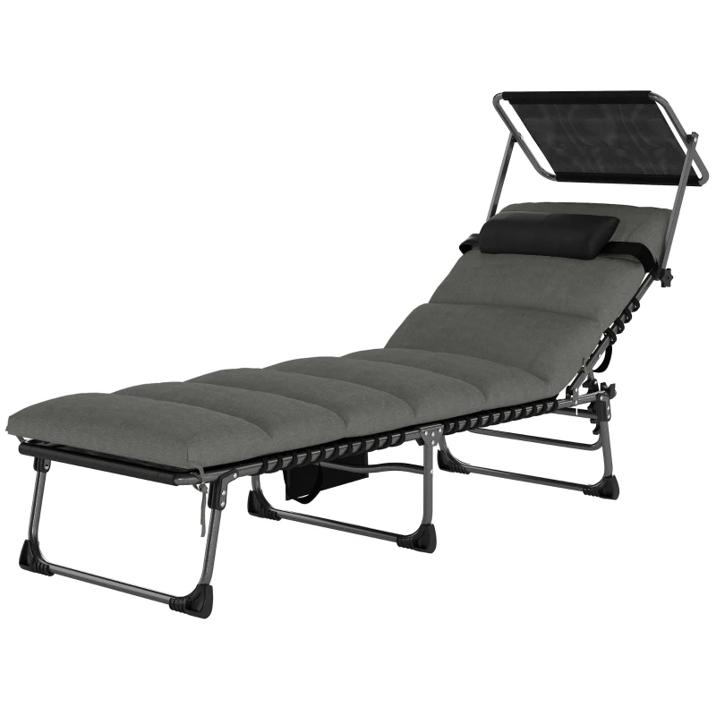 Outsunny Lettino Prendisole 5 Posizioni Reclinabili con Capottina, Cuscino Poggiatesta e Tasca Laterale, 190x57x30 cm, Grigio Scuro