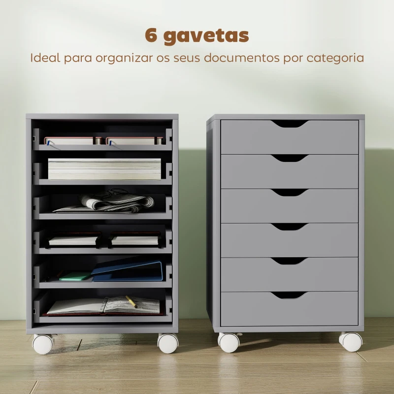 HOMCOM Bloco de Gavetas Móvel Arquivador com 6 Gavetas Suporte para Impressora com Rodas 40x35x63 cm Cinzento