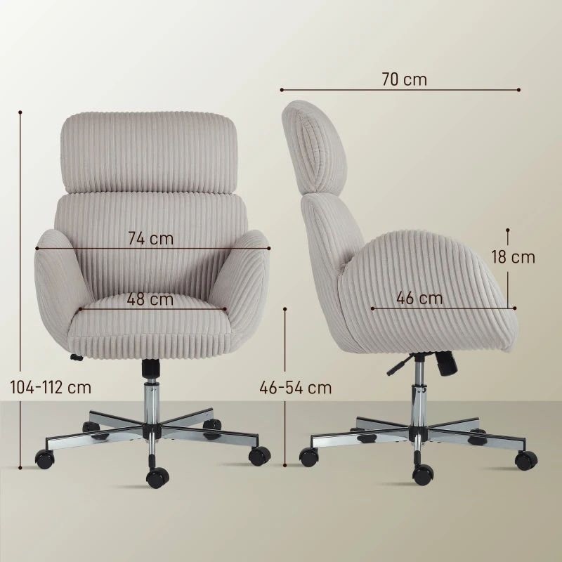 HOMCOM Cadeira de Escritório com Apoio de Cabeça Regulável Altura Ajustável Função Basculante 74x70x104-112 cm Cinzento