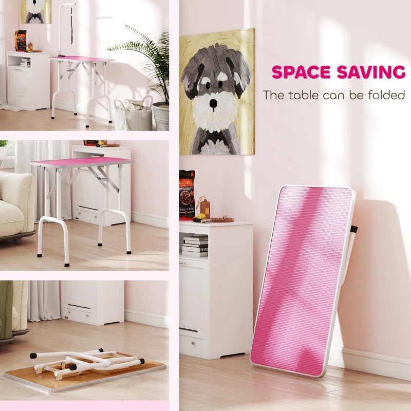 PawHut 32" Foldable Dog Grooming Table Pet Drying Beauty Table Adjustable Fixed Arm Rubber Top, Pink
