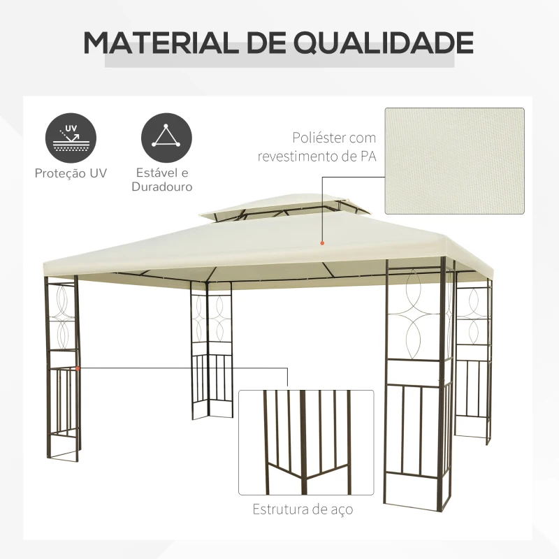 Outsunny Pérgola de Jardim 4x3 m com Telhado Duplo Estrutura de Aço Anti-UV para Exterior Terraço Pátio Branco Creme