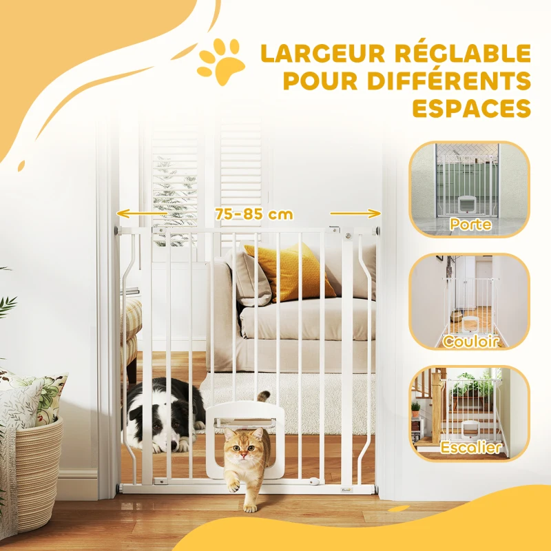 PawHut Barrière de sécurité chien extensible 75-85 cm, barrière d'escalier double verrouillage, hauteur 76 cm, blanc