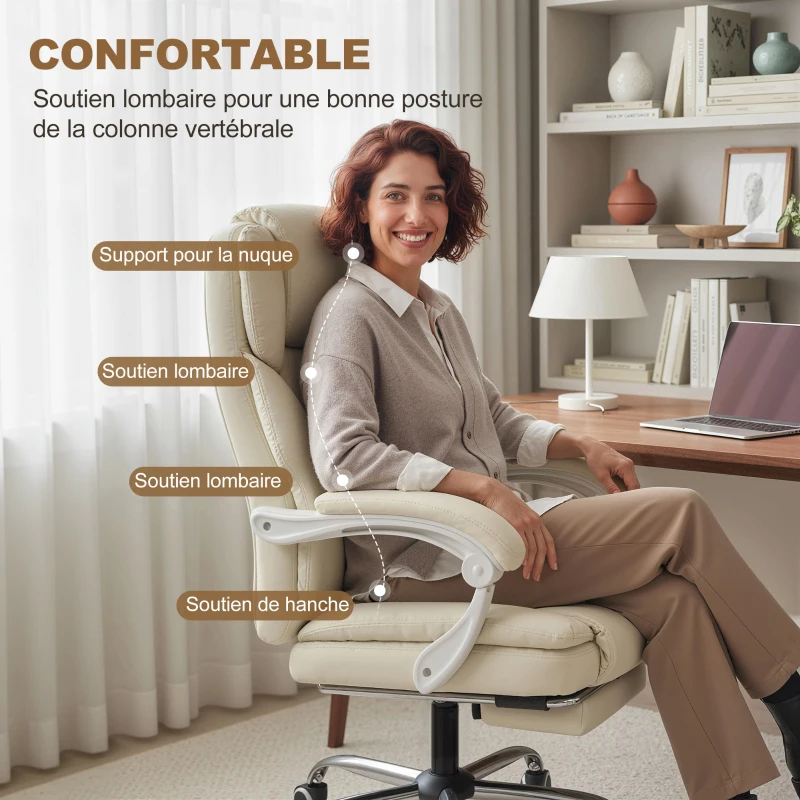 HOMCOM Chaise bureau ergonomique, fauteuil de bureau avec dossier inclinable, hauteur réglable, 64x73x112-120cm, beige