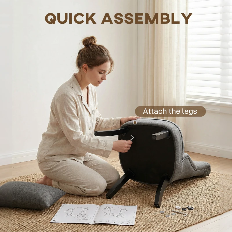 HOMCOM Fabric Single Sofa Dining Chair Tub Chair Upholstered W/ Pillow Solid Wood Leg Home Living Room Furniture Charcoal Grey