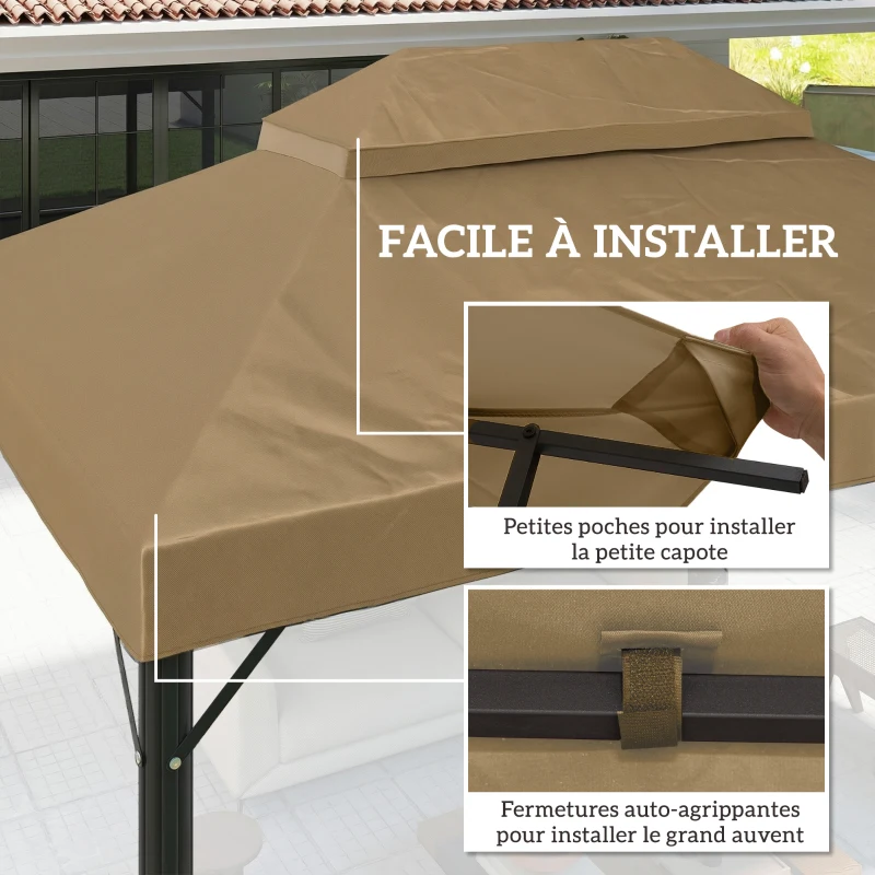Outsunny Toile de rechange pour pavillon toile de tonnelle 4 x 3 m, double toit avec trous de drainage, polyester 370 g/m², beige