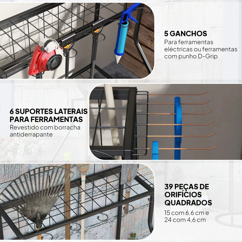 Outsunny Organizador de Ferramentas de Jardim de 3 Níveis para Garagem com Ganchos para Pás Ancinhos Vassouras 84x53x73 cm Preto
