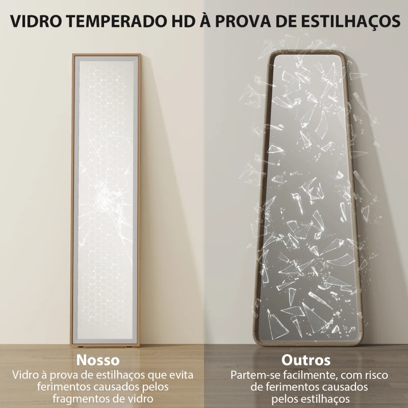 HOMCOM Espelho de Pé 157x37 cm com Moldura em MDF Espelho de Parede Retangular  com 2 Formas de Utilização Madeira e Prata