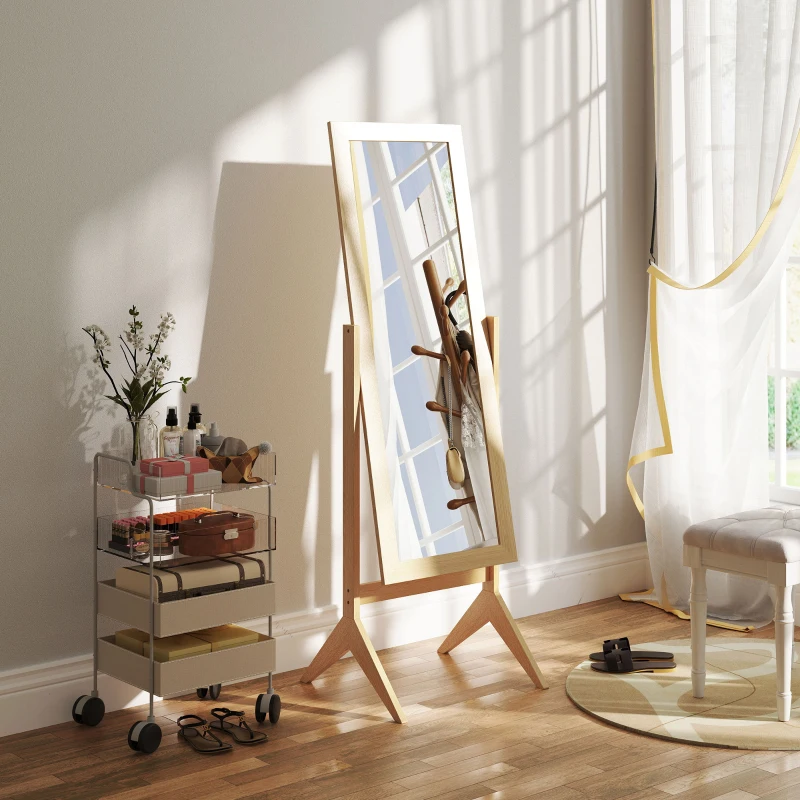 HOMCOM Espelho de Pé para Maquilhagem Reclinável com Estrutura de Madeira para Dormitório Vestidor 47x46x148 cm Carvalho