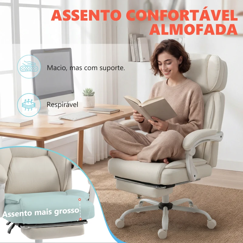 HOMCOM Cadeira de Escritório Reclinável com Massagem Vibratória de 6 Pontos Aquecimento Lombar Apoio de Cabeça Ajustável Apoio para os Pés Creme