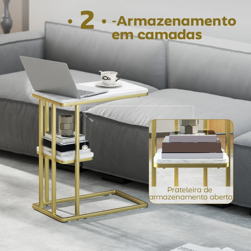 HOMCOM Mesa Auxiliar Estrutura em C Mesa Auxiliar Estreita de 2 Níveis com Prateleira 50x30x57,5 cm Branco Efeito Mármore