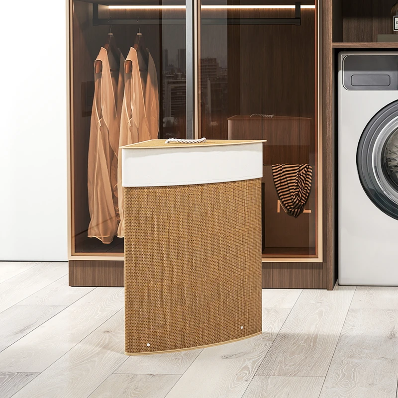 HOMCOM Cesto para Roupa Suja de Bambu de 55L com Tampa e Asa Saco Extraível e Lavável para Casa de Banho Quarto, 35x35x60 cm Castanho