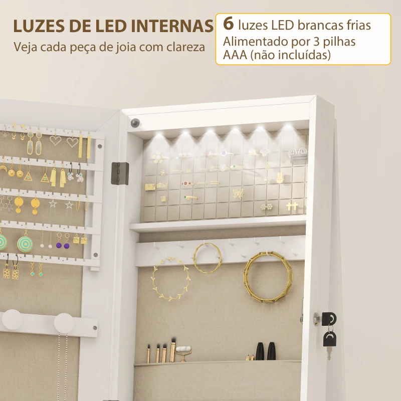HOMCOM Espelho Armário de Jóias com Luzes LED Rodas Giratórias 360° Prateleiras Abertas Gavetas de Tecido Branco