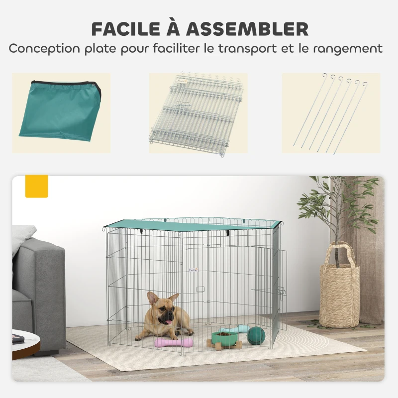 PawHut Parc pour chien, enclos chien 6 panneaux avec toit, modulable et pliable, enclos portable 76H cm avec porte argent vert
