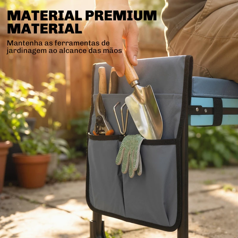 Outsunny Banco de Jardim Dobrável com Almofada de Espuma EVA Assento de Jardim com Bolsa para Ferramentas Cinzento Escuro