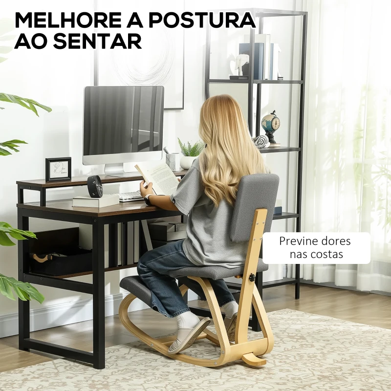 HOMCOM Cadeira Ergonómica de Joelhos com Encosto Almofadas Acolchoadas Estrutura de Madeira para Melhor Postura 51x84x93 cm Cinzento
