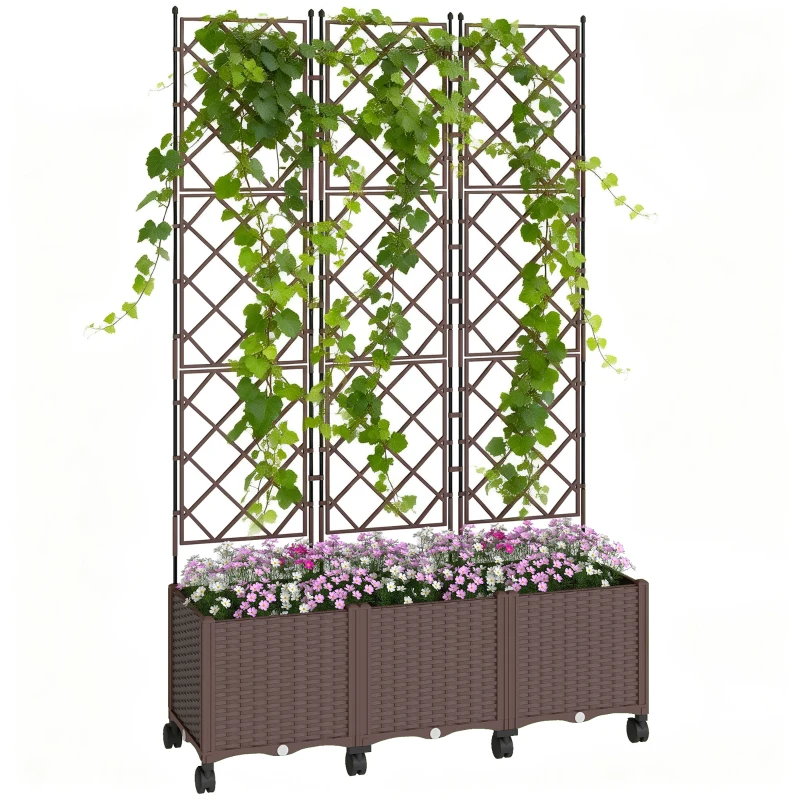 Outsunny Floreira com Treliça e Rodas com Drenagem para Cultivo de Legumes, Flores e Ervas 120x40x192 cm Castanho