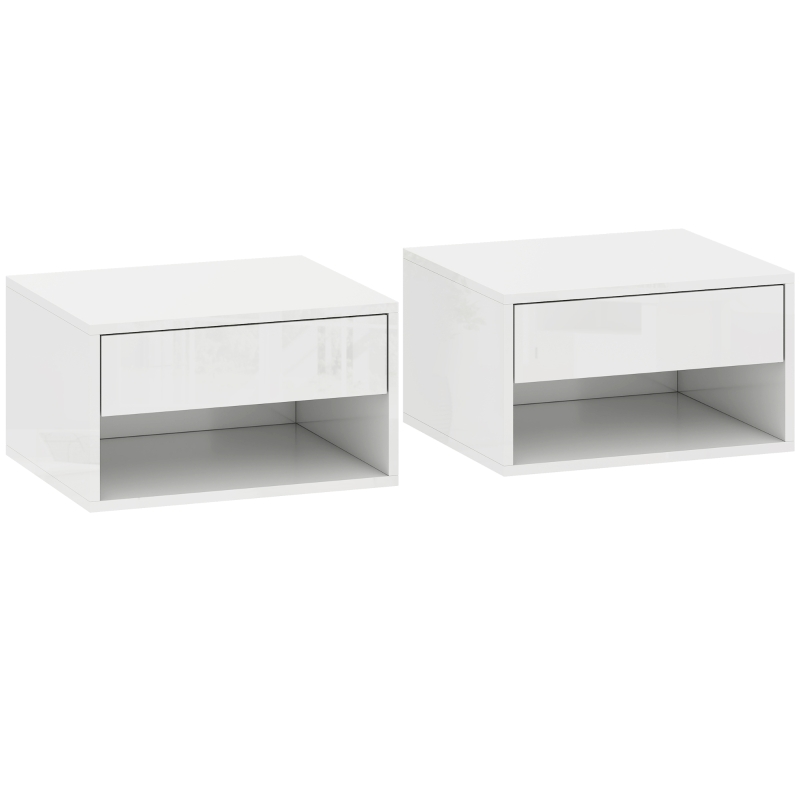 HOMCOM Conjunto de Mesas de Cabeceira Suspensas com Gaveta e Prateleira Aberta 37x32x21 cm Branco Brilhante