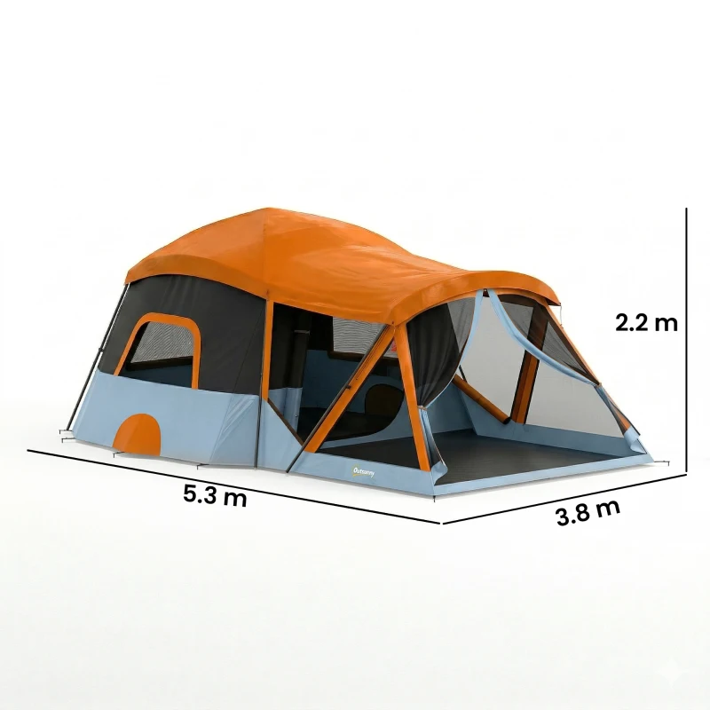 Outsunny Cort tip tunel 4 persoane Cort familial cu camere de dormit și zi Ferestre de acoperiș Podea înălțime interioară 3000 mm coloană de apă