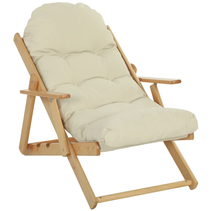 HOMCOM Poltrona Pieghevole e Reclinabile in Legno, Poltrona Relax Confortevole con Cuscino Imbottito Spesso, Bianco Crema