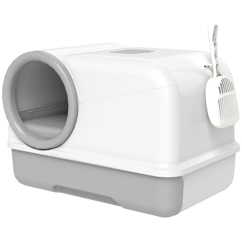 PawHut Bac à litière fermé XL en PP, maison de toilette pour grand chat, avec couvercle et pelle 59 x 39,5 x 39,5 cm gris clair