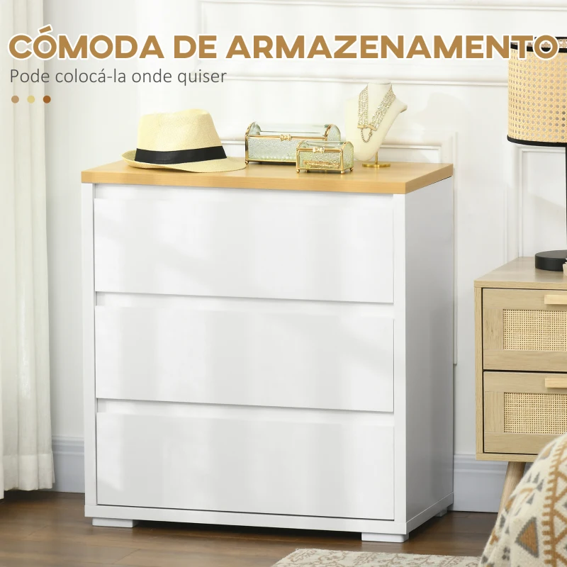 HOMCOM Cómoda Moderna com 3 Gavetas de Madeira para Dormitório Carga Máxima 40 kg 70x37x75 cm Branco e Madeira