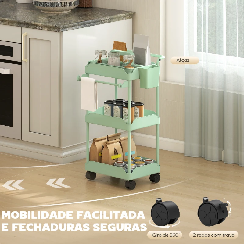 HOMCOM Carrinho Auxiliar com Rodas de 3 Níveis com Cestos Extraíveis Suporte para Toalhas e Estrutura de Metal 42x42,5x76 cm Verde