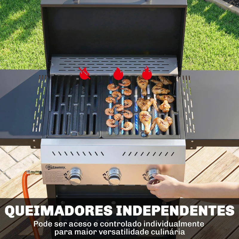 Outsunny Barbecue a Gás com 3 Queimadores 9 kW Termómetro Mesas Laterais Dobráveis e 2 Rodas Ganchos Preto