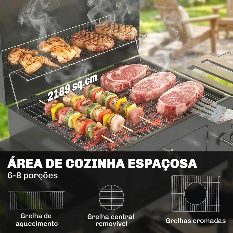 Outsunny Barbecue a Carvão com Bandeja Ajustável, Prateleiras Dobráveis, Rodas, Termómetro, Tampa, Chaminé, Ventilação e Cesto