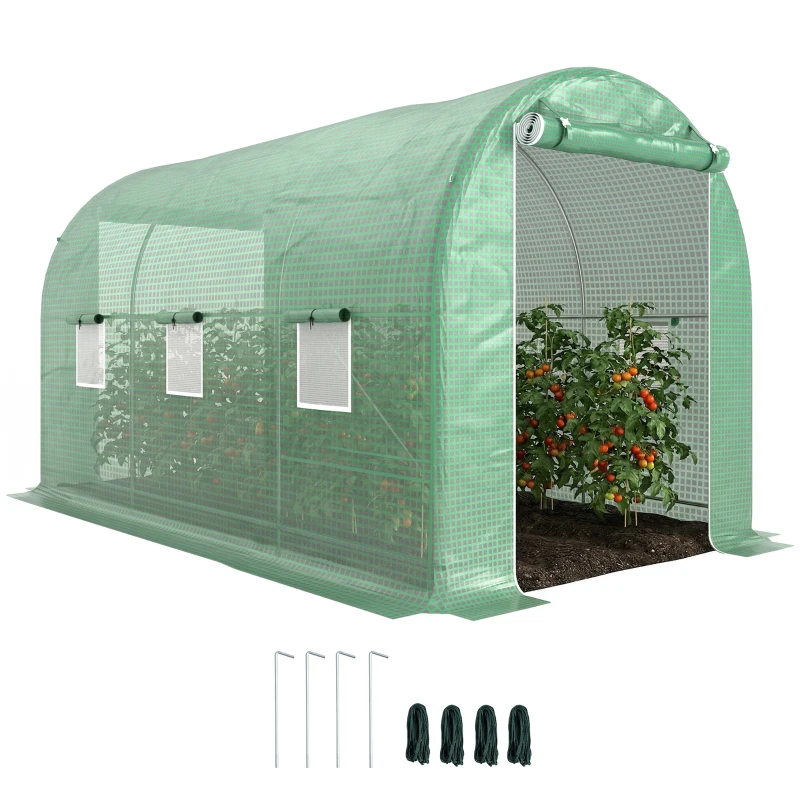 Outsunny Estufa tipo Túnel 400x200x205 cm Estufa de Jardim com Porta Enrolável e 6 Janelas Cobertura de PE 140 g/m² Verde