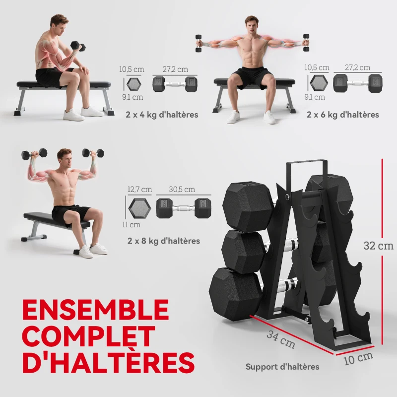 SPORTNOW Ensemble d'Haltères Hexagonaux avec Support, Haltères Revêtus de Caoutchouc, Poignées Antidérapantes en Chrome, Noir