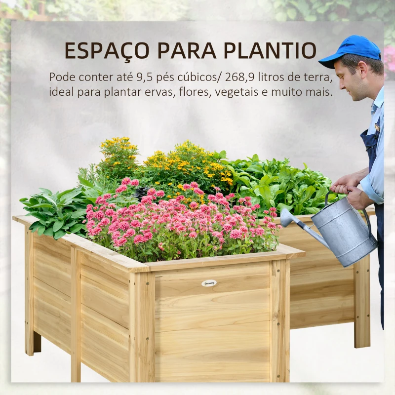 Outsunny Floreira Elevada de Madeira Floreira Exterior em Forma de L com Forro Não Tecido Horta Urbana 120x120x50 cm Madeira