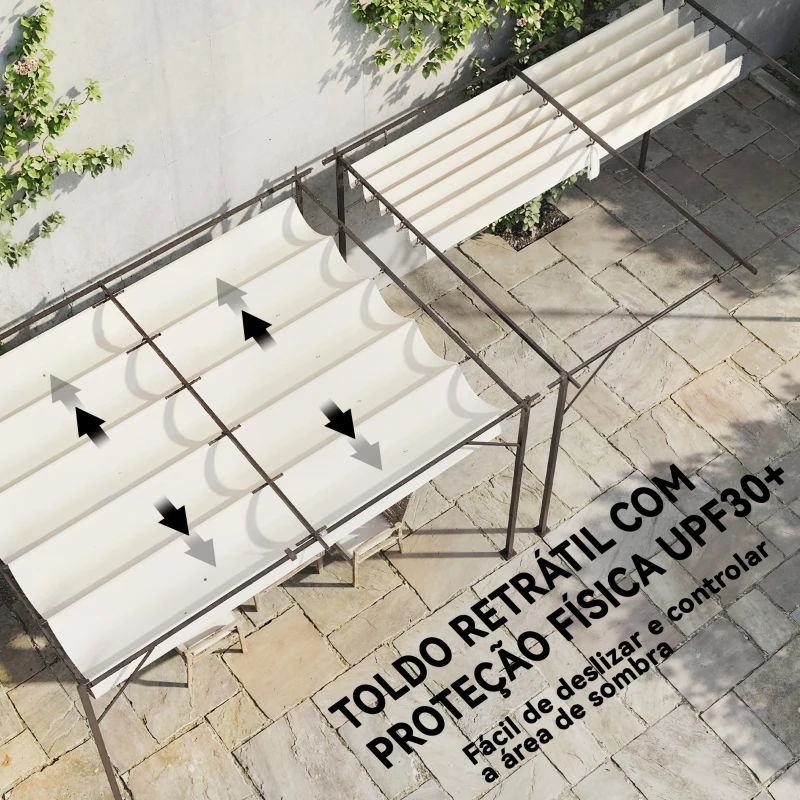 Outsunny Pérgola de Parede de Jardim 4x3 m com Telhado Retrátil Proteção UPF30+ Drenagem Pérgola para Exterior Creme