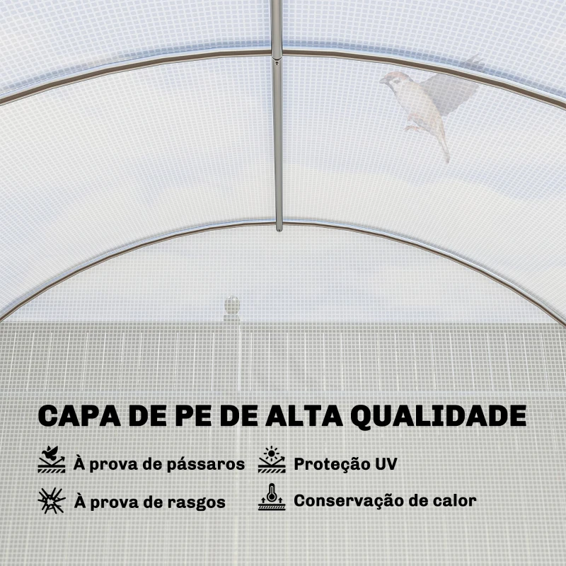 Outsunny Estufa de Túnel 6x3x2 m com Porta de Dobradiças,12 Janelas com Rede e Estrutura de Aço Galvanizado Branco