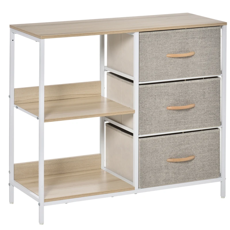 HOMCOM Cómoda de Estilo Industrial com Gavetas de Tecido Dobráveis e 2 Prateleiras 80x29x71 cm Madeira e Cinza Claro