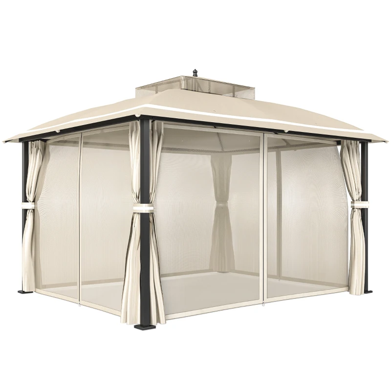 Outsunny Pérgola de Jardim 370x303x290 cm com Telhado Duplo Cortinas Laterais e Mosquiteiras Resistente à Água e Anti-UV Bege