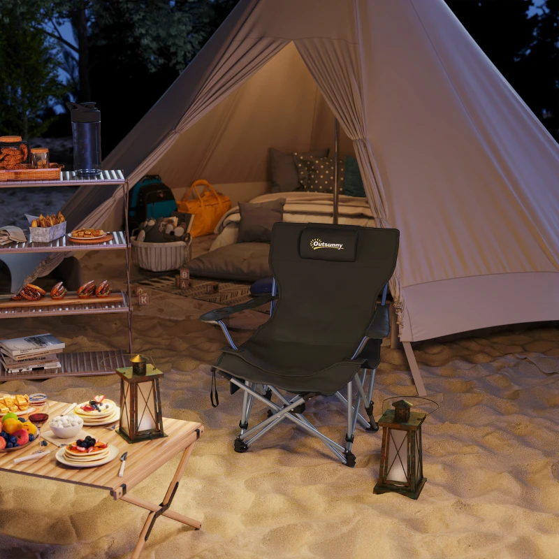 Outsunny Chaise de camping pliante fauteuil de pêche avec repose-pied amovible, appui-tête, porte-gobelet, sac de transport noir