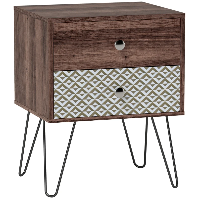 HOMCOM Mesa de Cabeceira com 2 Gavetas Pés de Aço Estilo Boémio Mesa de Cabeceira para Quarto Sala de Estar 45x39x55,5 cm Marrom