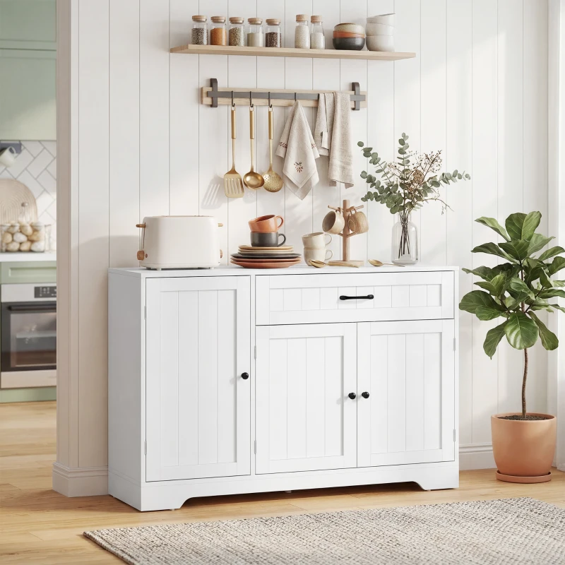 HOMCOM Aparador de cocina, mueble de almacenamiento con cajón, 3 puertas con cierre suave, racks en las puertas y estantes ajustables, blanco