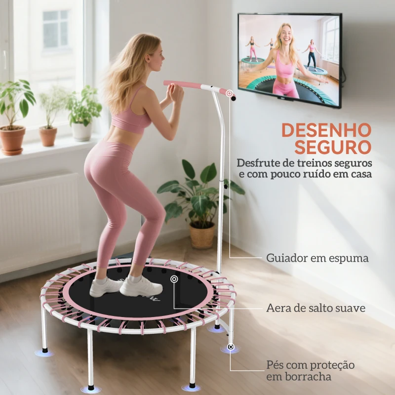 SPORTNOW Trampolim de Fitness Adultos Ø102 cm com Pega Ajustável de 5 Níveis Estrutura em Aço para Treino de Pernas Corpo Rosa