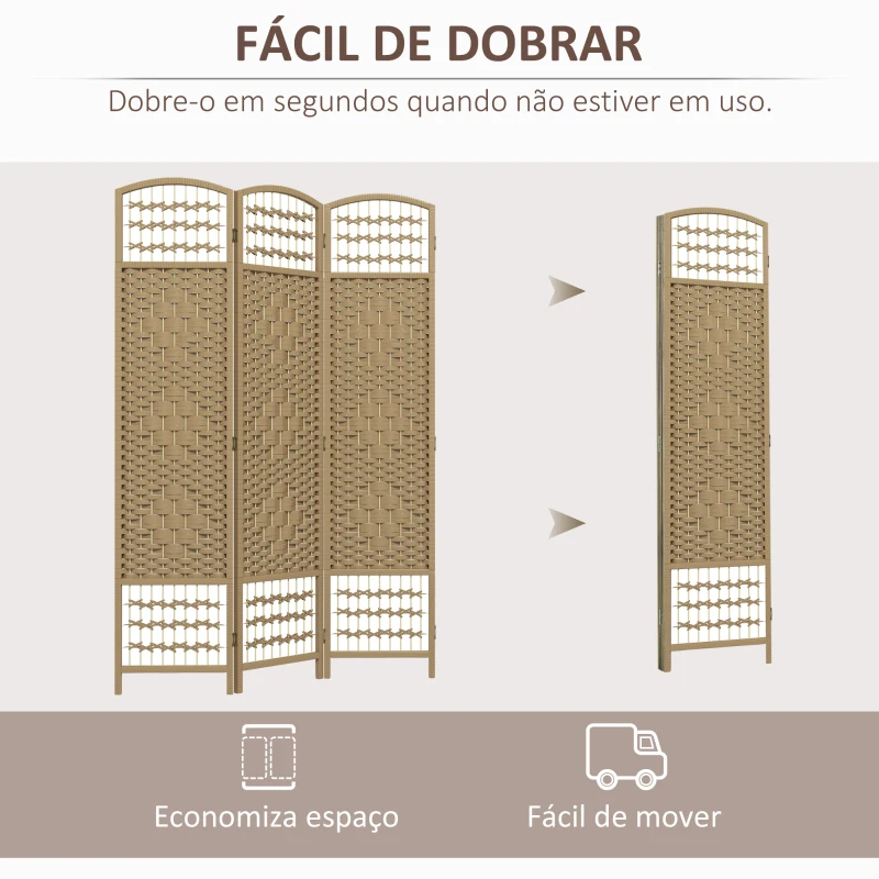 HOMCOM Biombo Separador de Ambientes com 3 Painéis Dobrável em Corda de Papel 120x170 cm Decoração para Quarto Madeira