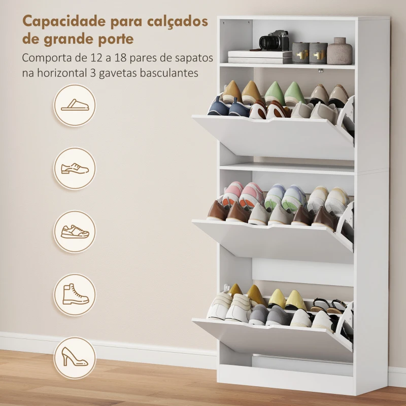 HOMCOM Sapateira Estreita com 3 Gavetas Rebatíveis Prateleiras Ajustáveis e Compartimento Aberto Capacidade para 12-18 Pares Branco