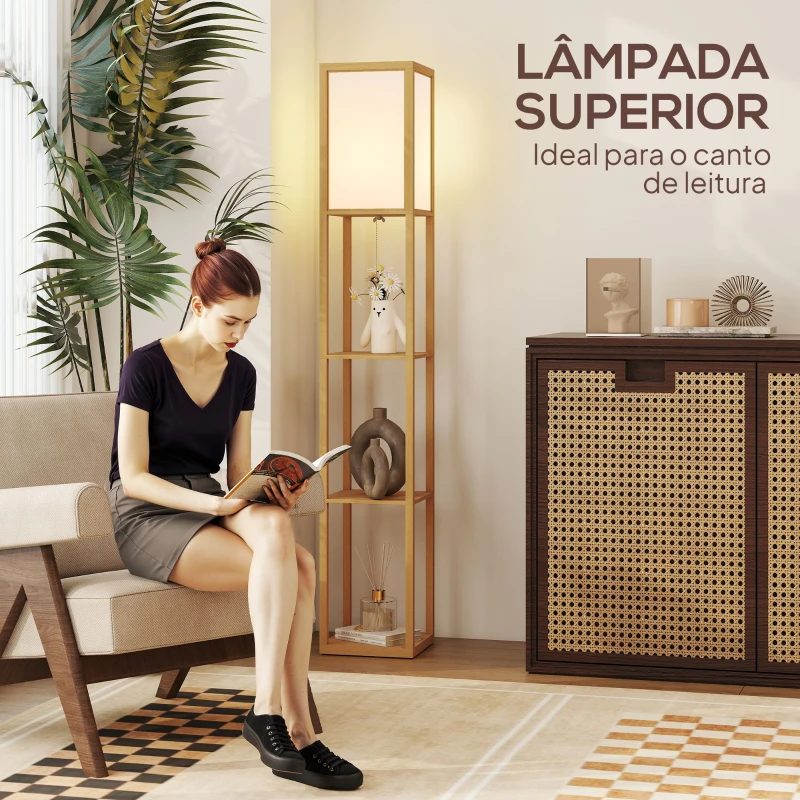 HOMCOM Candeeiro de Pé de Madeira com 3 Prateleiras para Lâmpada E27 Potência Máx. 40W 26x26x160 cm Madeira e Branco